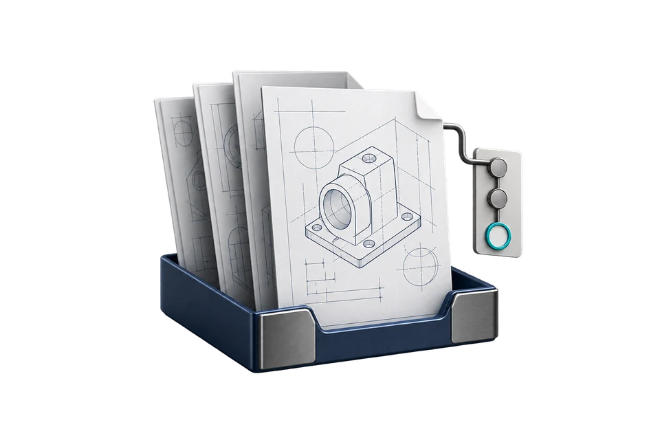Concept drawing: a tray of controlled engineering drawings with an approval tag.