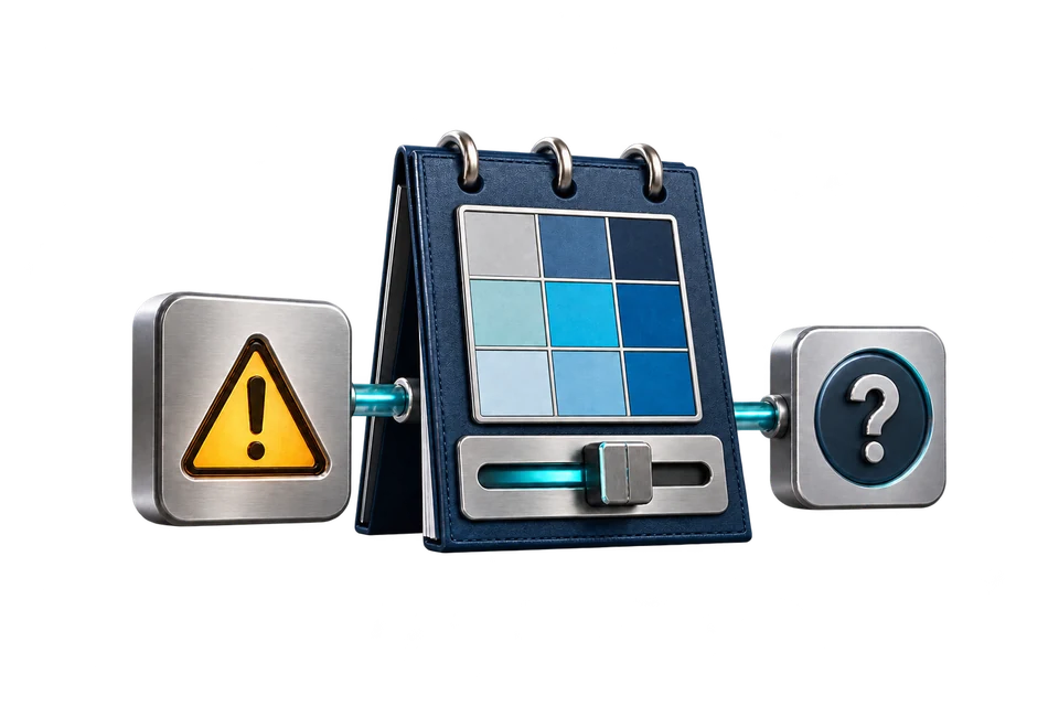 Concept drawing: a warning sign, a risk matrix with a slider and a question-mark tile, joined in sequence.