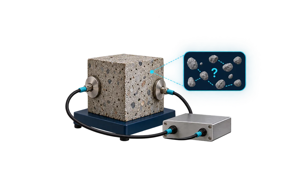 Concept drawing: a concrete cube with two electrodes wired to a measurement unit; an inset of particles carries a question mark.