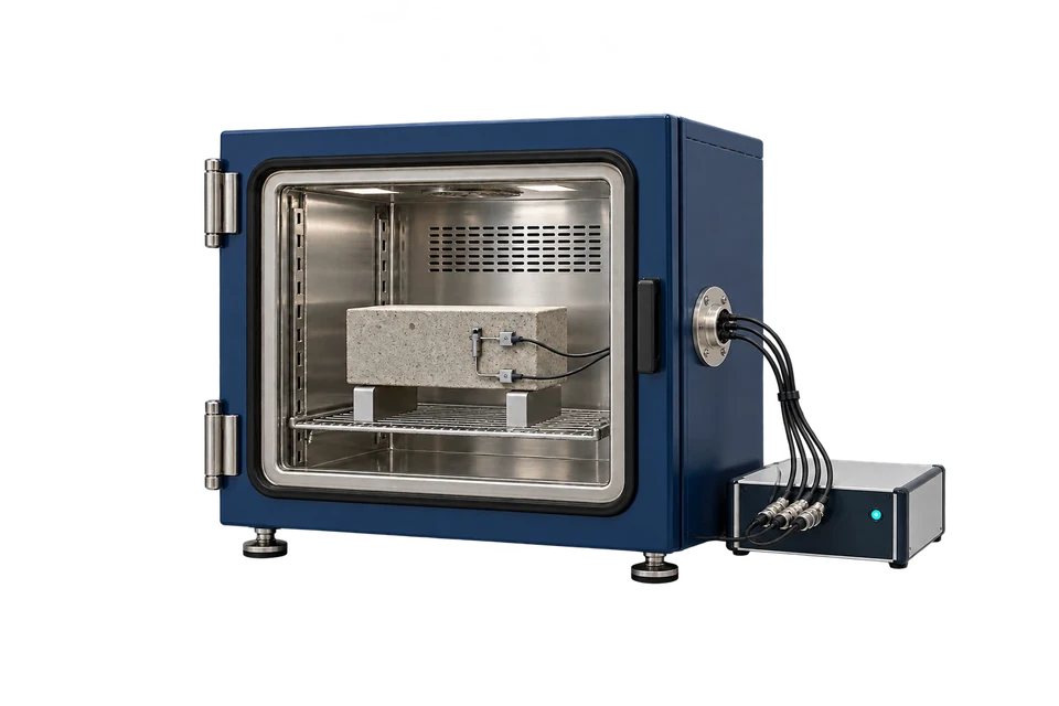 Concept drawing: a laboratory environmental chamber holding a concrete element wired to a logger.