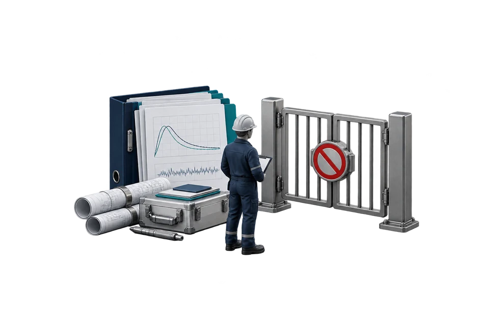 Concept drawing: an engineer with monitoring records stands at a closed gate carrying a no-entry sign.