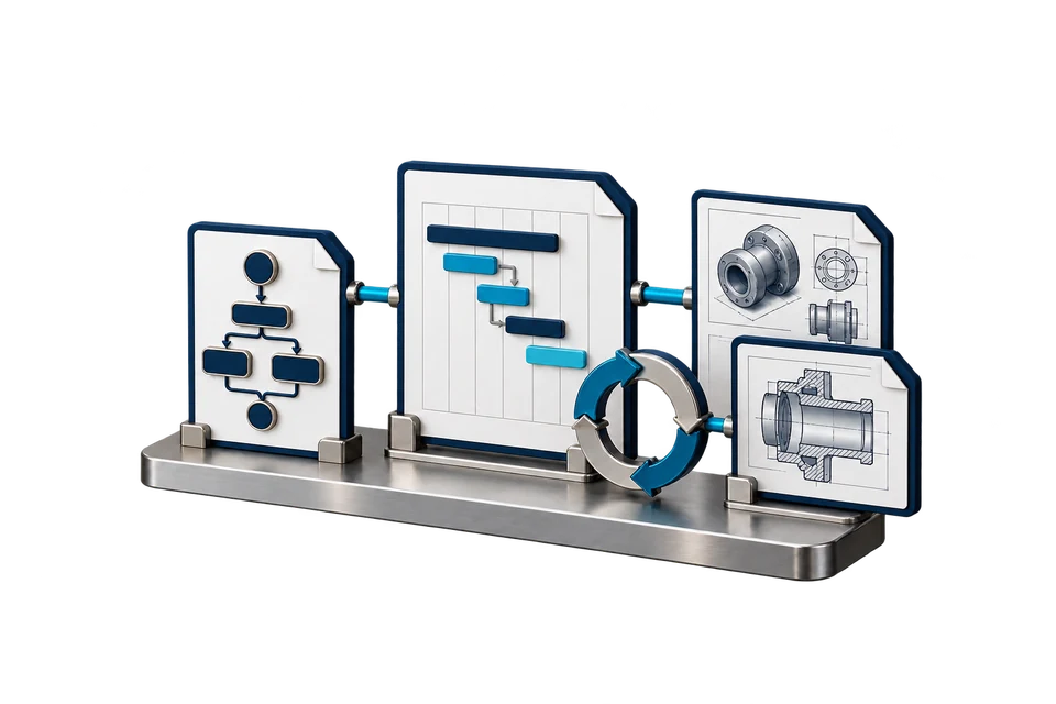 Concept drawing: a process chart, a schedule and versioned component drawings on one rail.