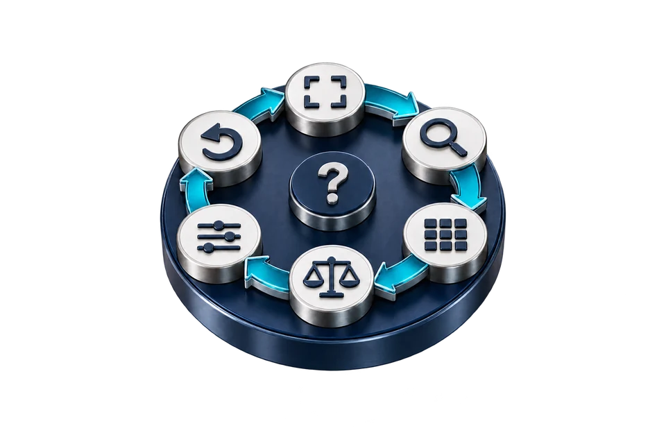 Concept drawing: a ring of risk-assessment steps around a central question mark.
