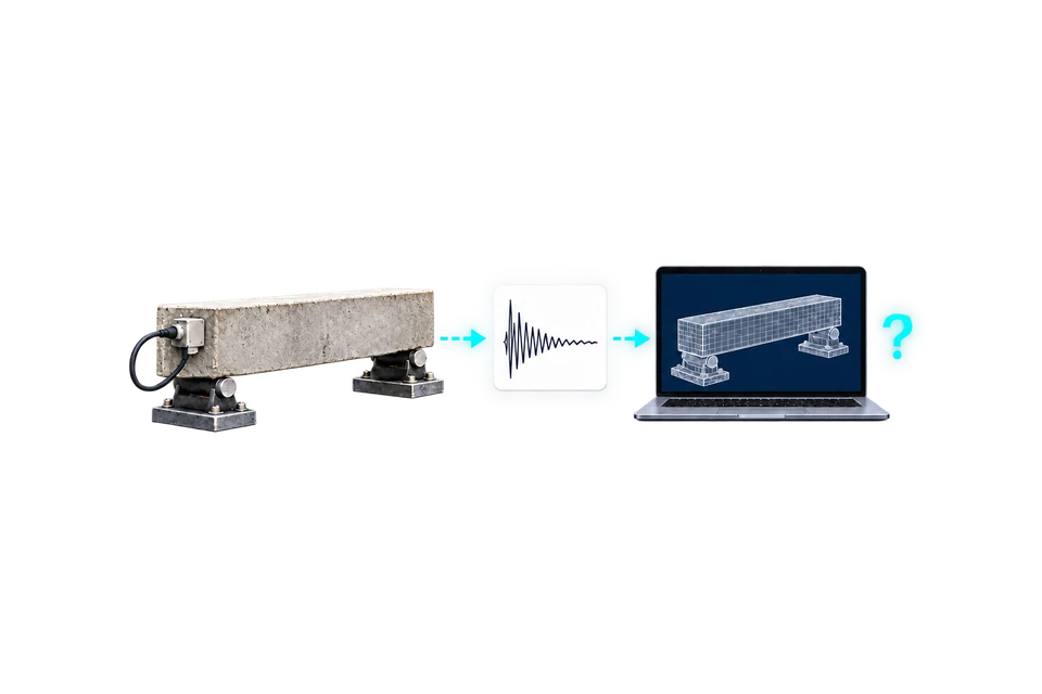 Concept drawing: an instrumented beam, an illustrative signal and a laptop model marked with a question mark.