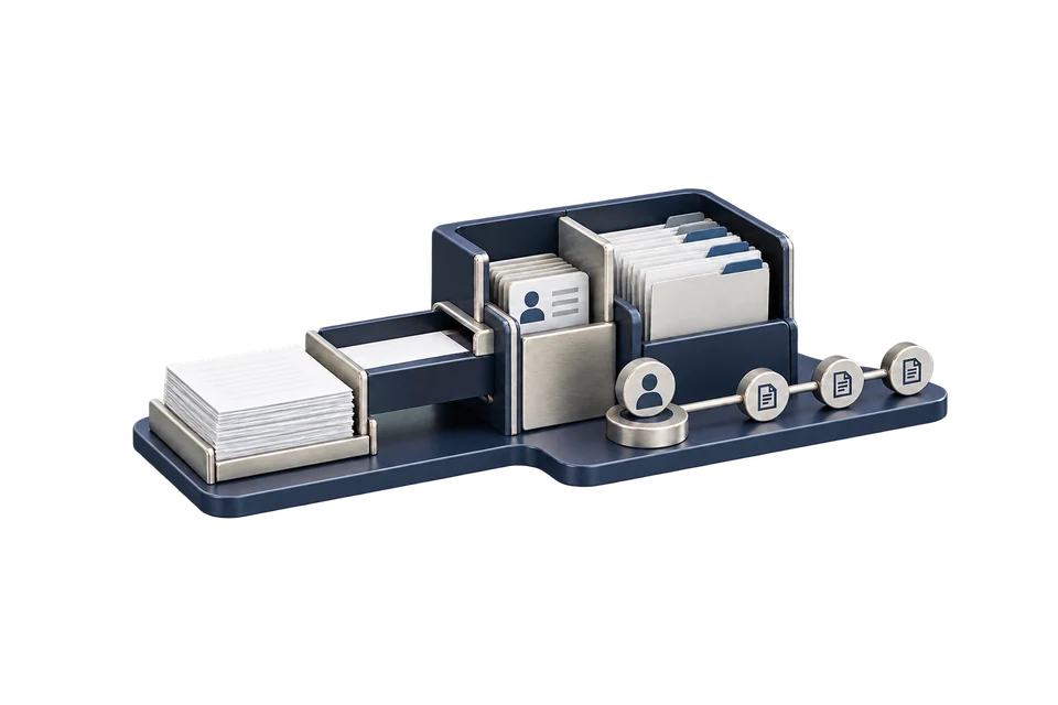 Concept drawing: filing trays of personal records with identity and lock tokens.