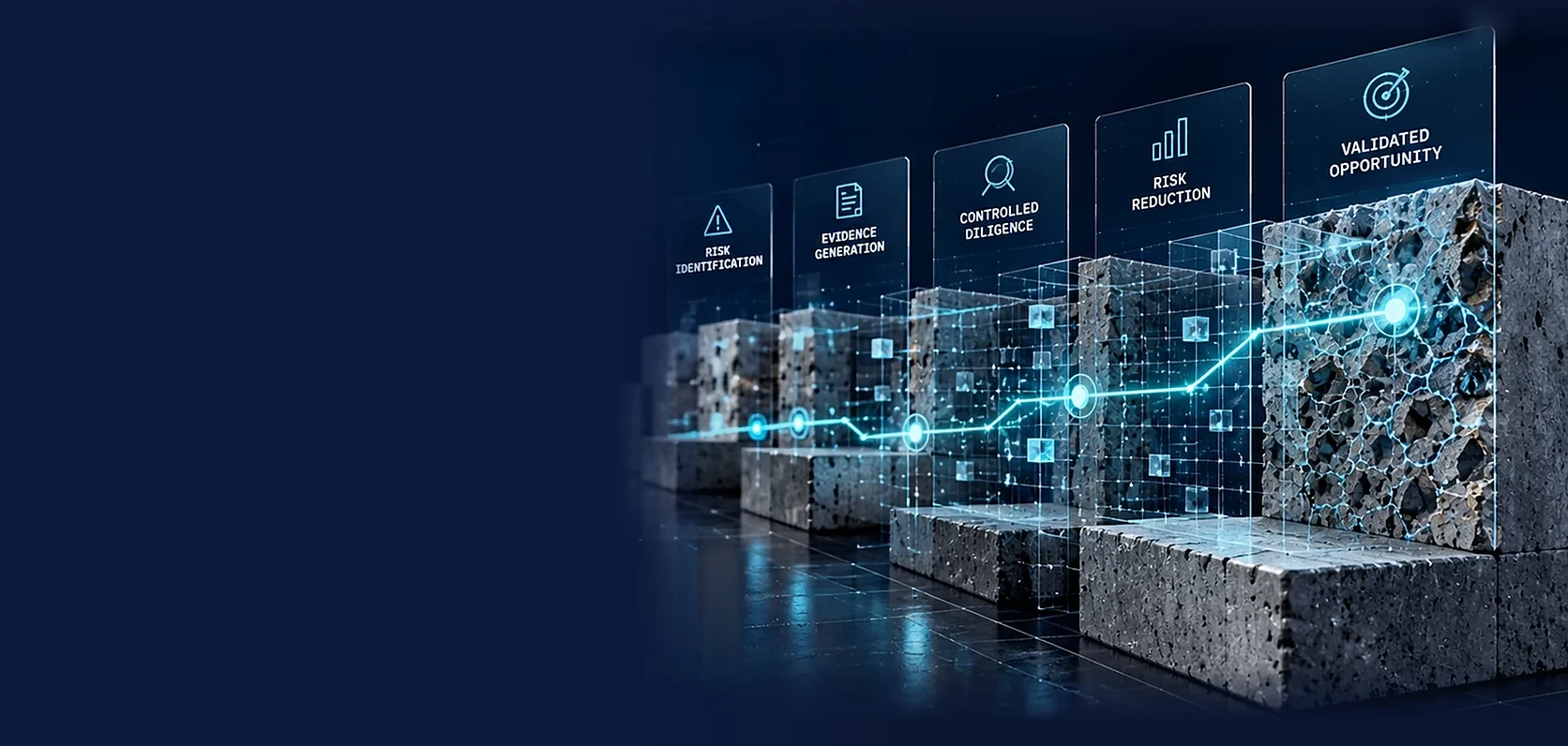 Concept illustration: five concrete blocks behind panels labelled risk identification, evidence generation, controlled diligence, risk reduction and validated opportunity.