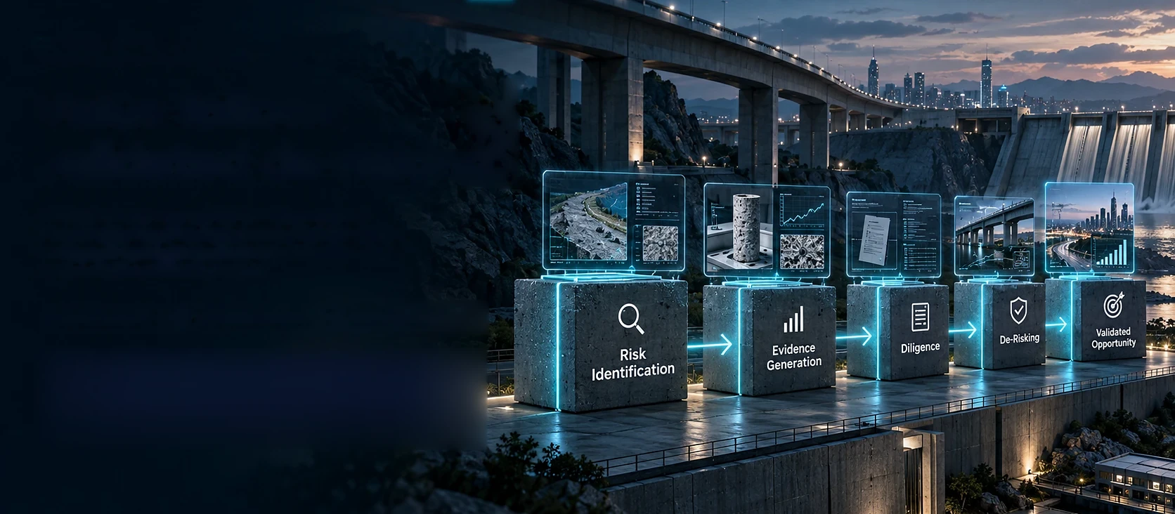 Concept illustration: five blocks along a dam wall beneath a bridge, labelled risk identification, evidence generation, diligence, de-risking and validated opportunity.