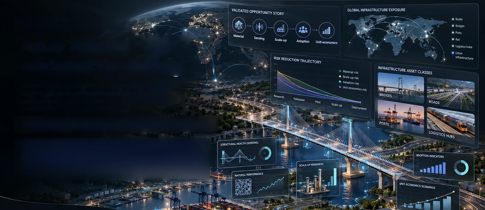 Concept illustration: a bridge and port at night under panels for an opportunity story, a risk-reduction trajectory, infrastructure asset classes, adoption indicators and unit-economics scenarios.
