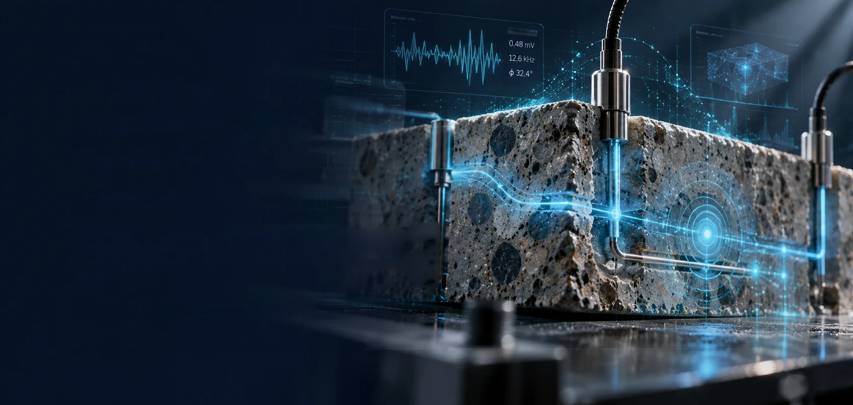 Concept illustration: probes set into a cut concrete specimen, with a signal trace and a modelled block behind it.