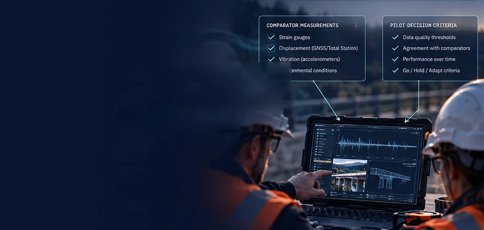 Concept illustration: two engineers in hard hats at a rugged laptop on site, under two checklists, comparator measurements and pilot decision criteria.