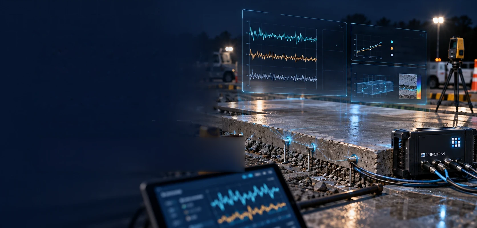 Concept illustration: a concrete slab on site at night with embedded probes and a data unit, under panels for sensor traces, comparator measurements and a validation view.