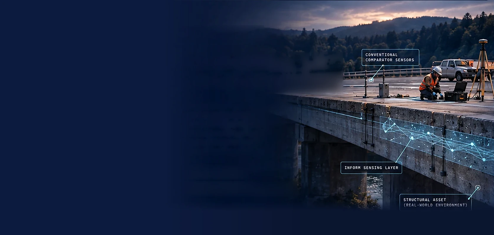 Concept illustration: a technician on a bridge deck beside conventional comparator sensors, with an INFORM sensing layer drawn along the edge of the structure.