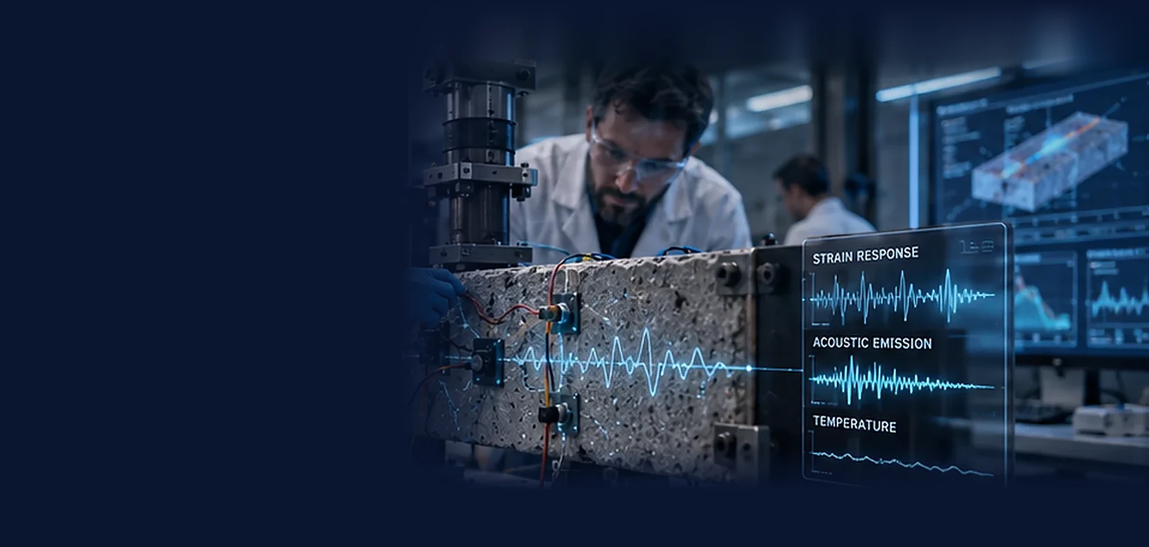 Concept illustration: a researcher beside a concrete beam under a loading rig, with strain, acoustic-emission and temperature traces on a screen.