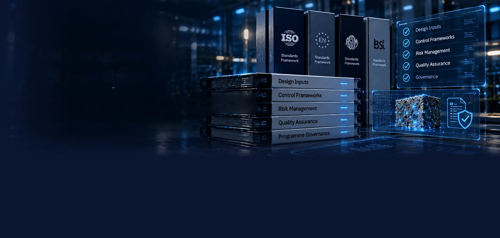 Concept illustration: binders marked with standards-body names beside a stack labelled design inputs, control frameworks, risk management, quality assurance and programme governance.
