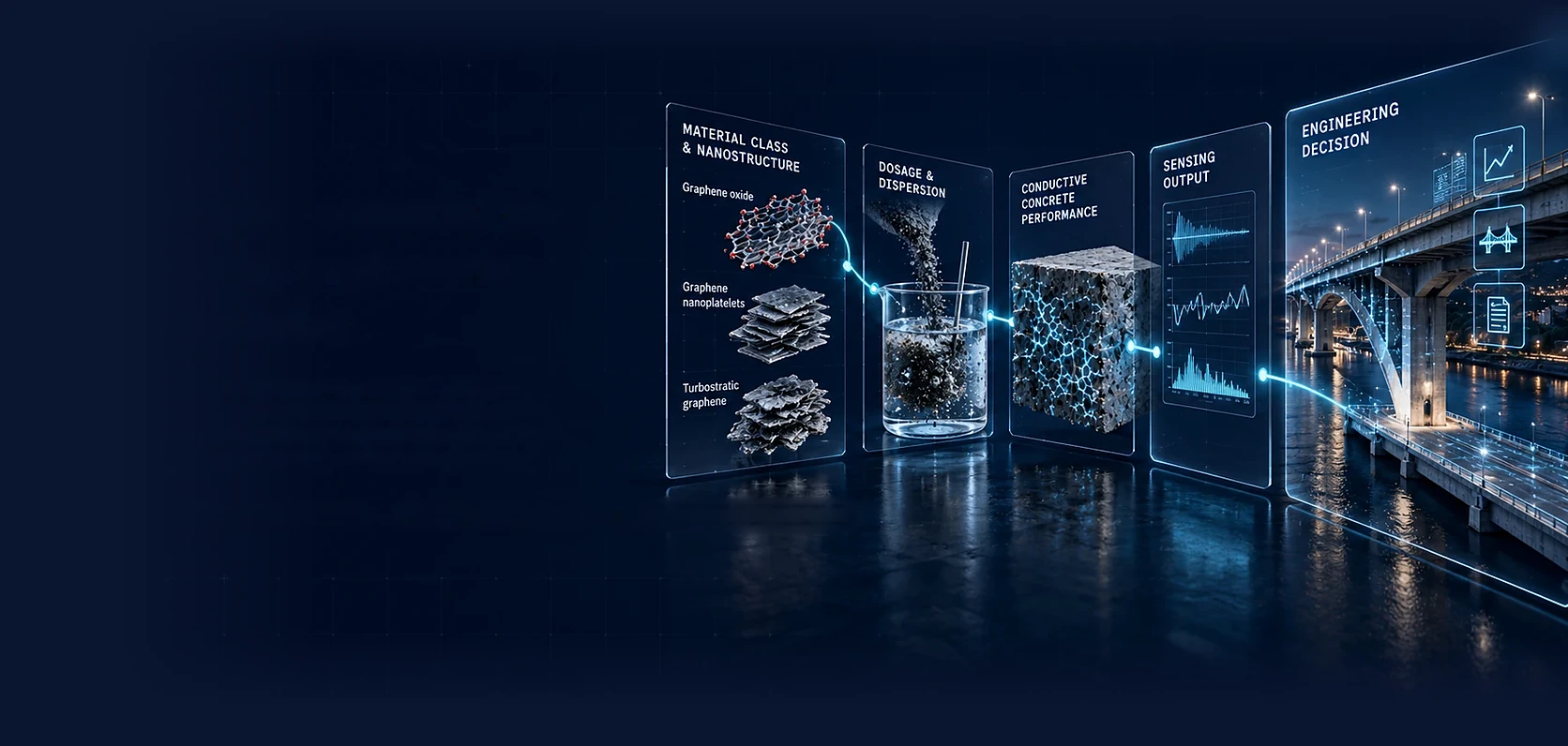 Concept illustration: five glass panels in a row, from material class and nanostructure through dosage and dispersion, conductive concrete performance and sensing output to an engineering decision beside a bridge.