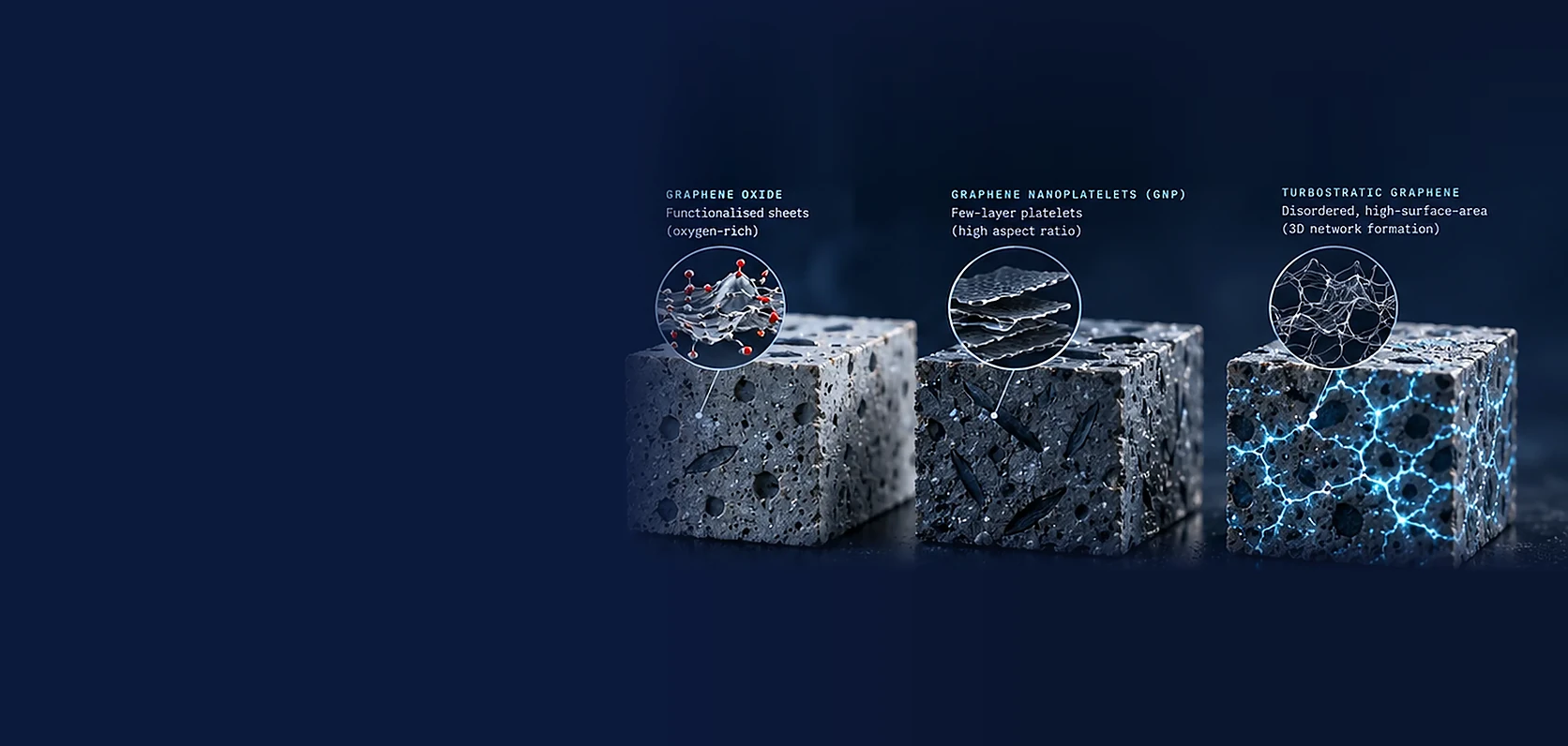Concept illustration: three concrete cubes labelled graphene oxide, graphene nanoplatelets and turbostratic graphene, each with a different internal structure.