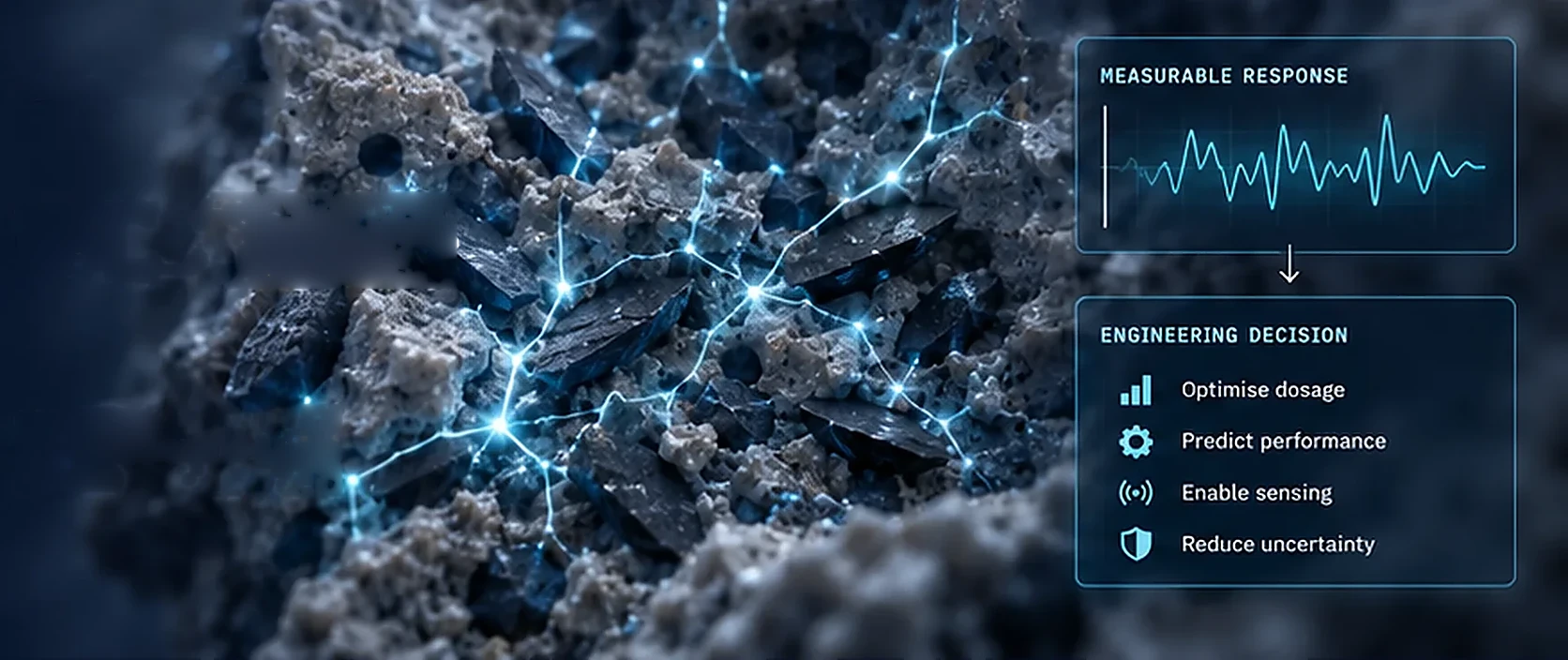 Concept illustration: conductive particles forming a percolation network in a cement matrix, beside panels for a measurable response and an engineering decision.