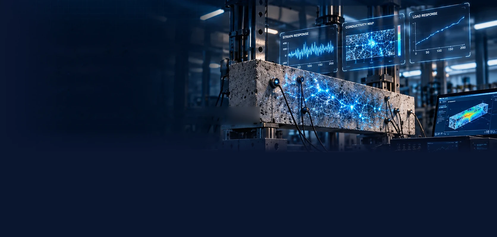 Concept illustration: an instrumented concrete beam in a test frame with a lit conductive network, under panels for strain response, a conductivity map and load response.