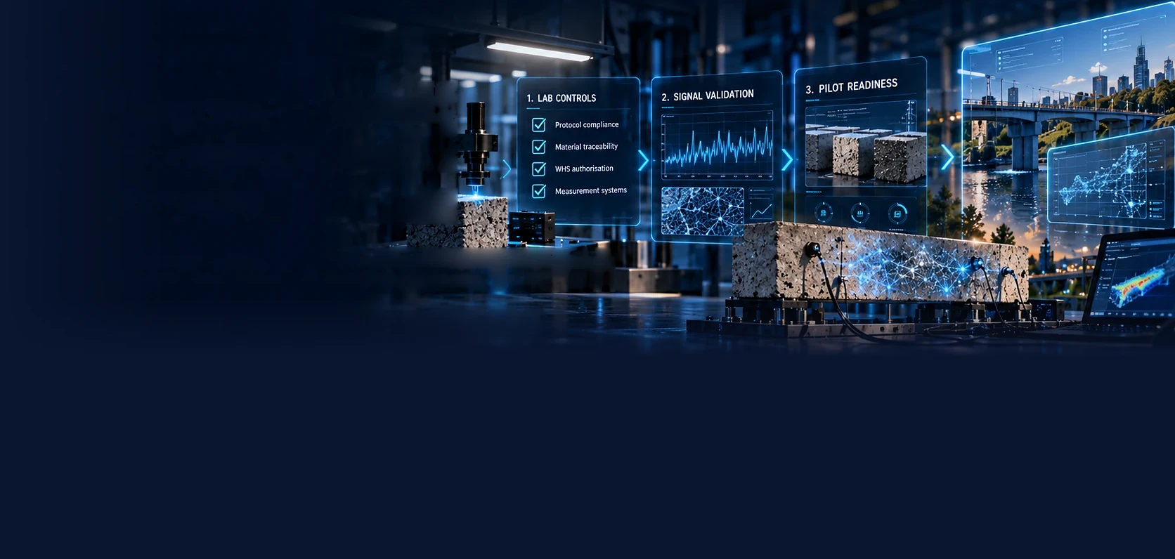 Concept illustration: a concrete beam on a test bed beside three panels, lab controls with four checks, signal validation and pilot readiness, leading to a bridge.